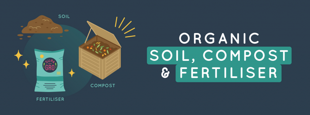 Compost in a box, soil and a bag of fertiliser