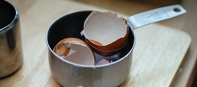Egg shells kept on a pan to add to soil to serve a gardening myth